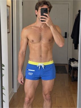 Men’s AussieBum Blue Swim / Volleyball Short Shorts with Yellow Waistband